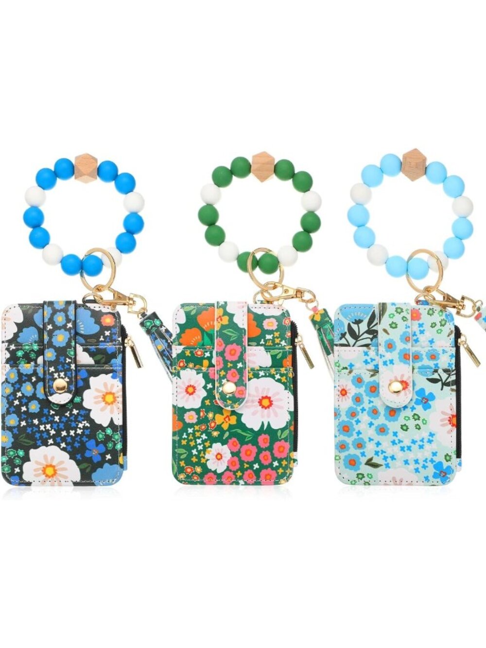 Boho Beaded Wristlet Keychain Wallet Set - Floral Pattern, Card Holder & Tassel